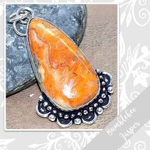 Bumblebee Jasper Large Eclectic Silver Artisan Pendant, 1.9” Orange, Gold, Black